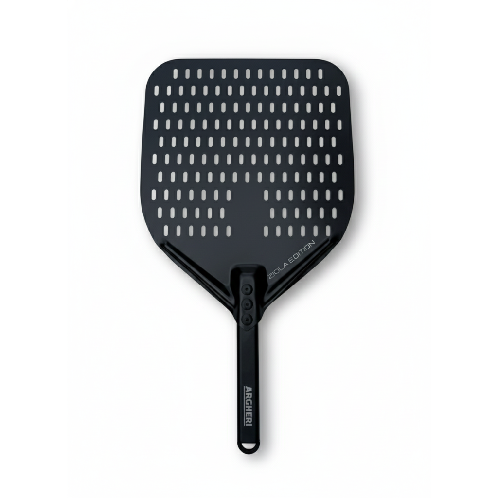black 12" pizza peel with perforations made by Argheri ideal for portable pizza ovens